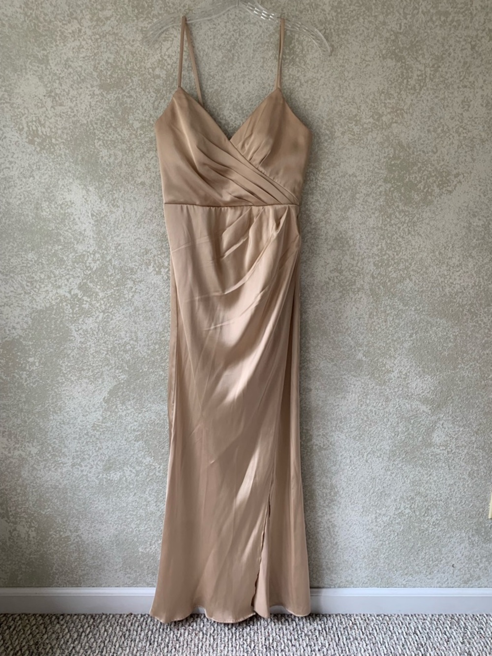 Azazie Champagne Satin Pleated V-Neck Maxi Bridesmaid Dress Size A4